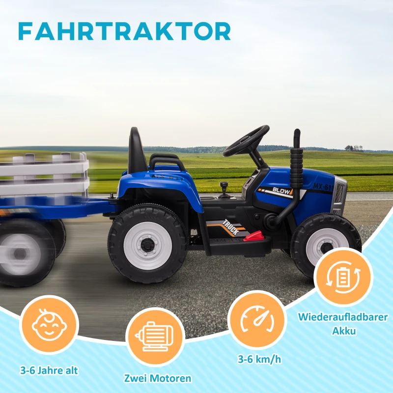 HOMCOM Elektrische Kinderauto met Aanhanger, Afstandsbediening, Lichteffecten, 3-6 km/u, voor 3-6 Jaar, Blauw(m-8)