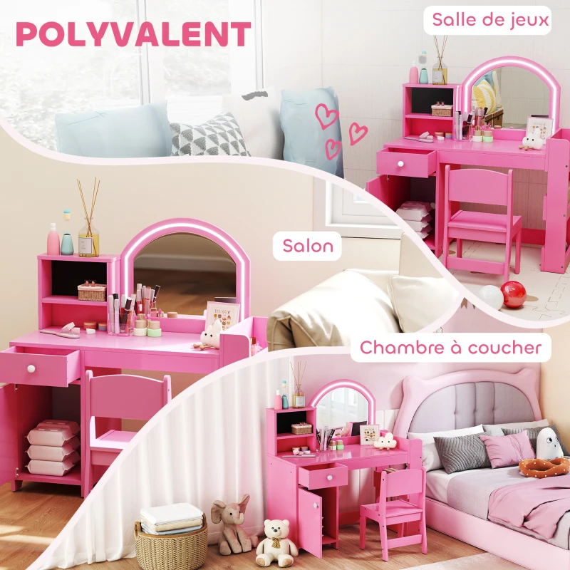 AIYAPLAY Coiffeuse pour enfants avec tabouret et miroir LED, table de maquillage pour 3 à 8 ans, 88,6 x 38,8 x 96,9 cm, rose