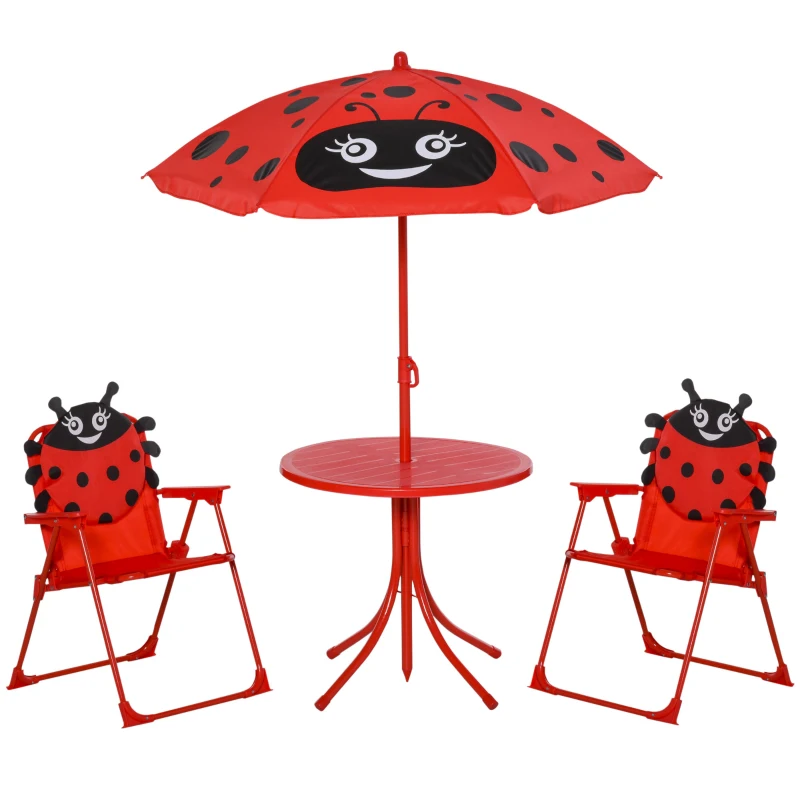 Outsunny Conjunto de Mesa e Cadeira de Jardim Conjunto de Picnic Dobrável para Crianças Conjunto de Mesa com Chapéu de Sol com Altura Ajustável 100-125cm Desenho de Joaninha Vermelho
