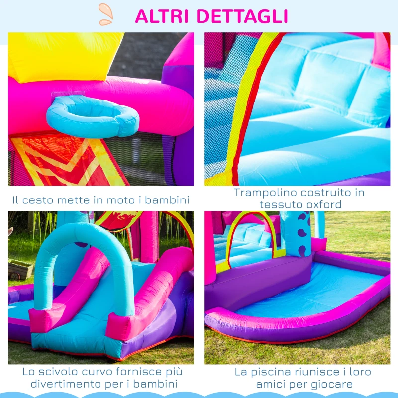 Outsunny Castello Gonfiabile per Bambini 3-8 Anni con Scivolo, Piscina e Trampolino, 3x2.7x2m