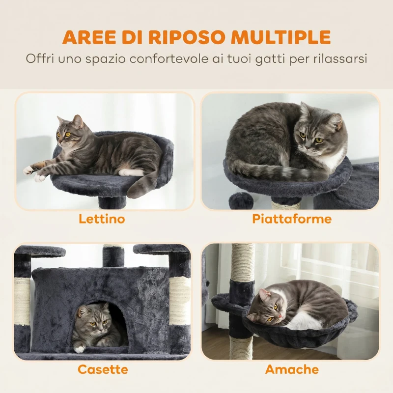 PawHut Albero Tiragraffi per Gatti Alto con Casette e Amache, 60x60x200cm, Grigio Scuro