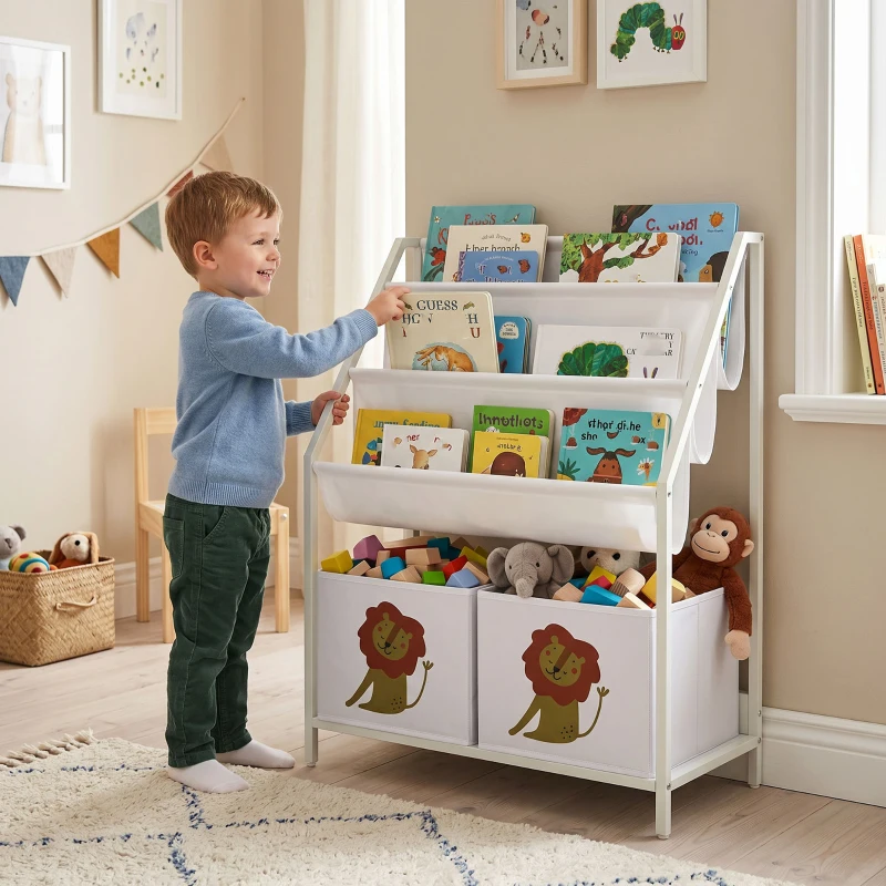 AIYAPLAY Librería Infantil de 4 Niveles Estantería para Libros con 3 Estantes 2 Cajones de Tela con Diseño de León Blanco