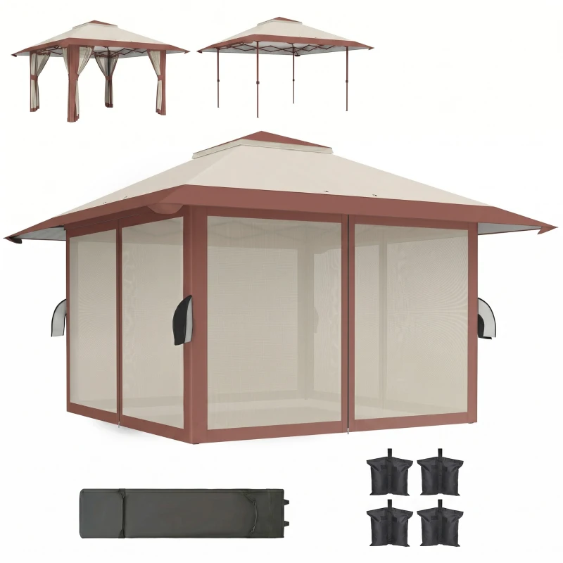 Outsunny Tonnelle pliante barnum parois en filet et protection UV50+ hauteur réglable et double toit sacs de lestage 4x4m beige