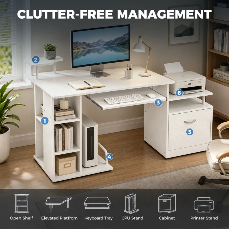 HOMCOM Computer Desk with Drawer Shelves CPU Storage Rack White