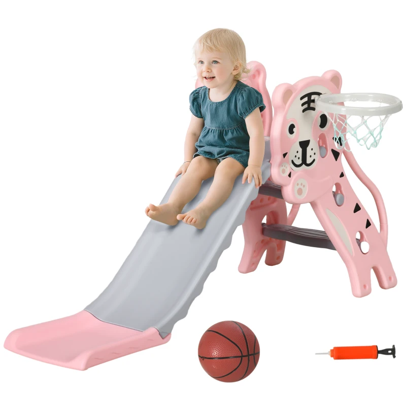 AIYAPLAY Tobogan pentru Copii 18-36 Luni cu Coș de Baschet Lateral, din Plastic, 133x60x70 cm, Roz și Gri