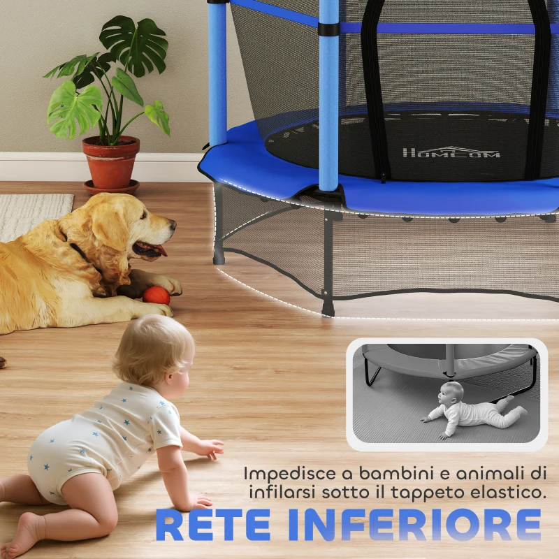 HOMCOM Tappeto Elastico per Bambini con Rete di Sicurezza e Pali Imbottiti Età 3-10 Anni, Ø140 x 190 cm, Blu