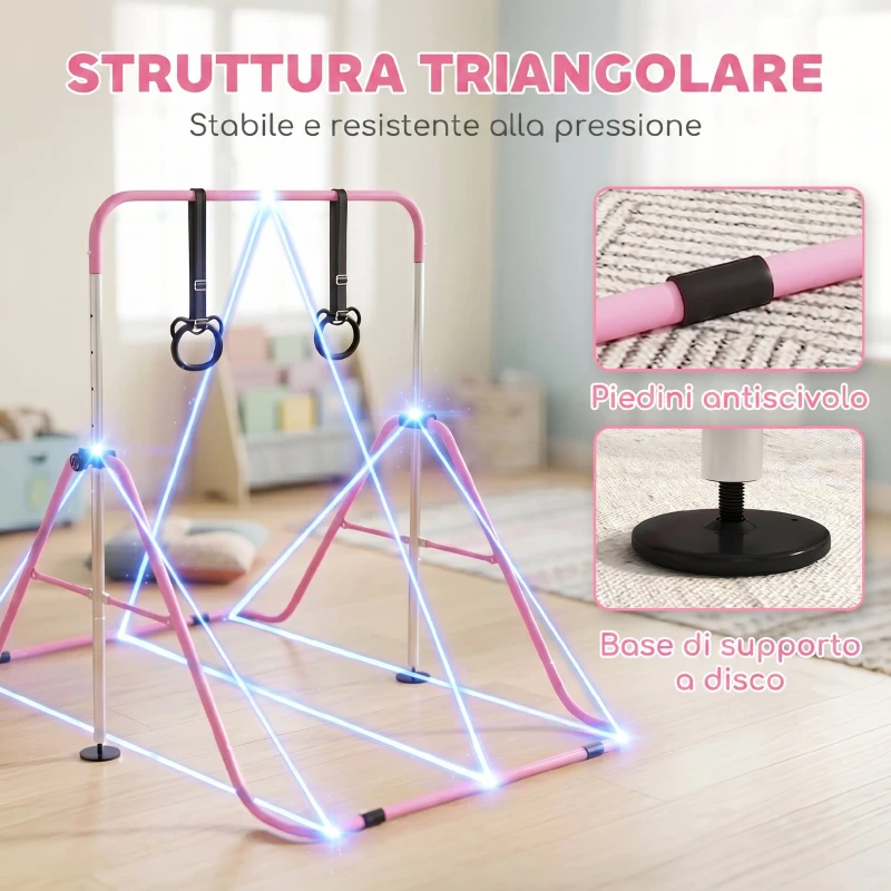 HOMCOM Sbarra Ginnastica Artistica per Bambini ad Altezza Regolabile con 2 Anelli, in Acciaio, 148x105x88-128 cm, Rosa