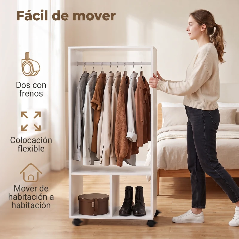 HOMCOM Armario Abierto con Ruedas Barra y Estantes para tener Ropa Colgada y Doblada 60x40x128 cm Blanco