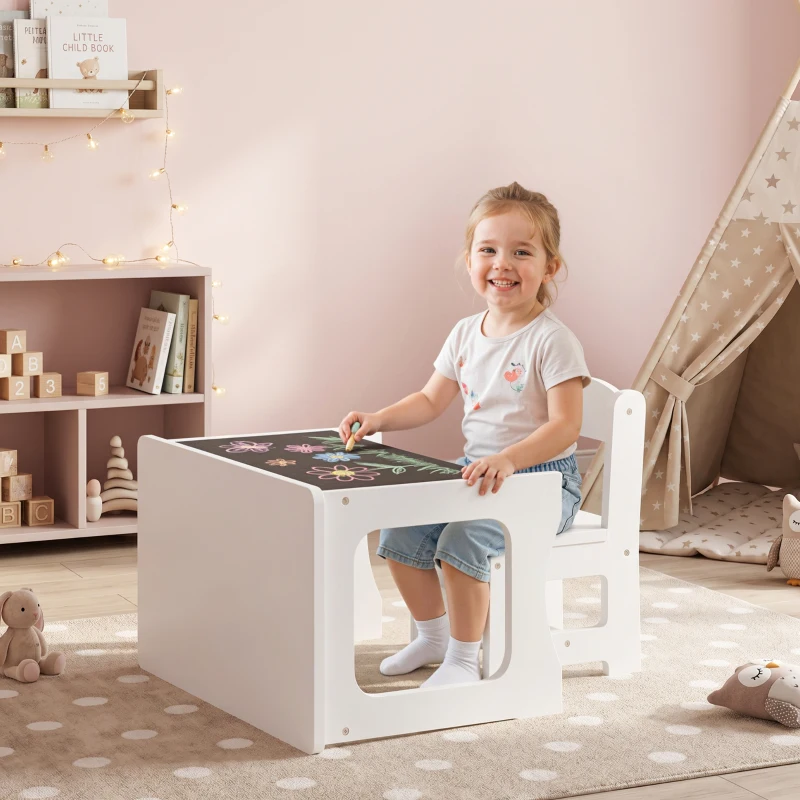 AIYAPLAY Set Tavolo e Sedia per Bambini 3-6 Anni in Legno con Piano Reversibile, Angoli Arrotondati, Bianco