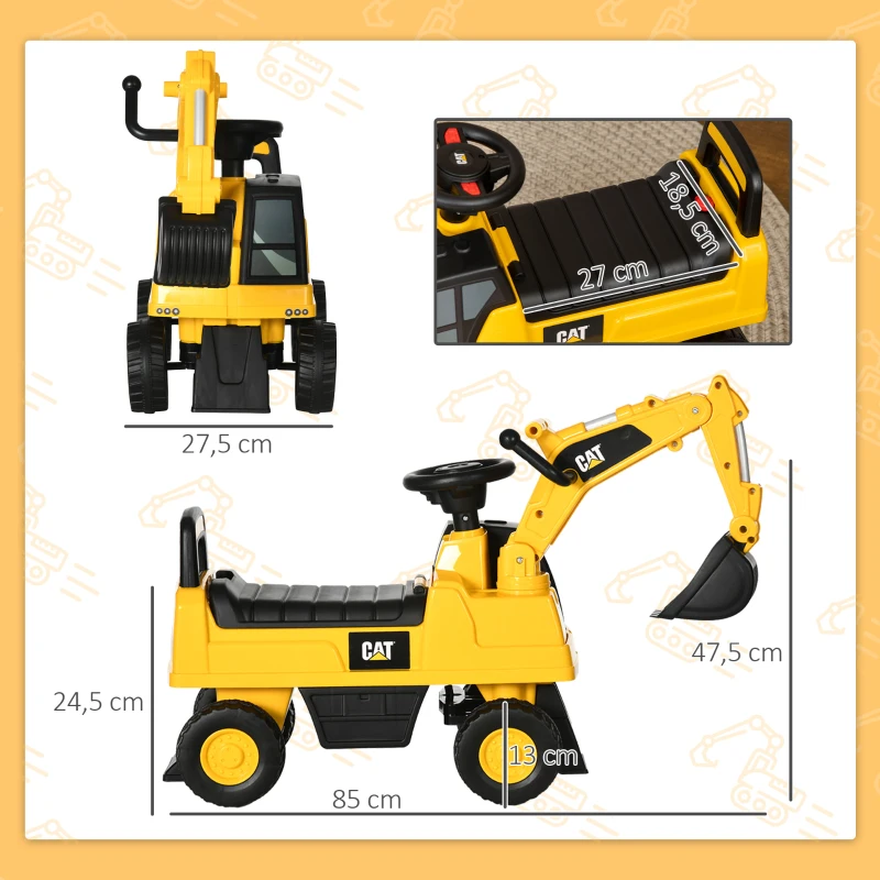 HOMCOM Tractopelle enfant sous licence CAT, porteur enfant, pelle manuelle, klaxon et rangement caché, 85x27,5x47,5cm, jaune