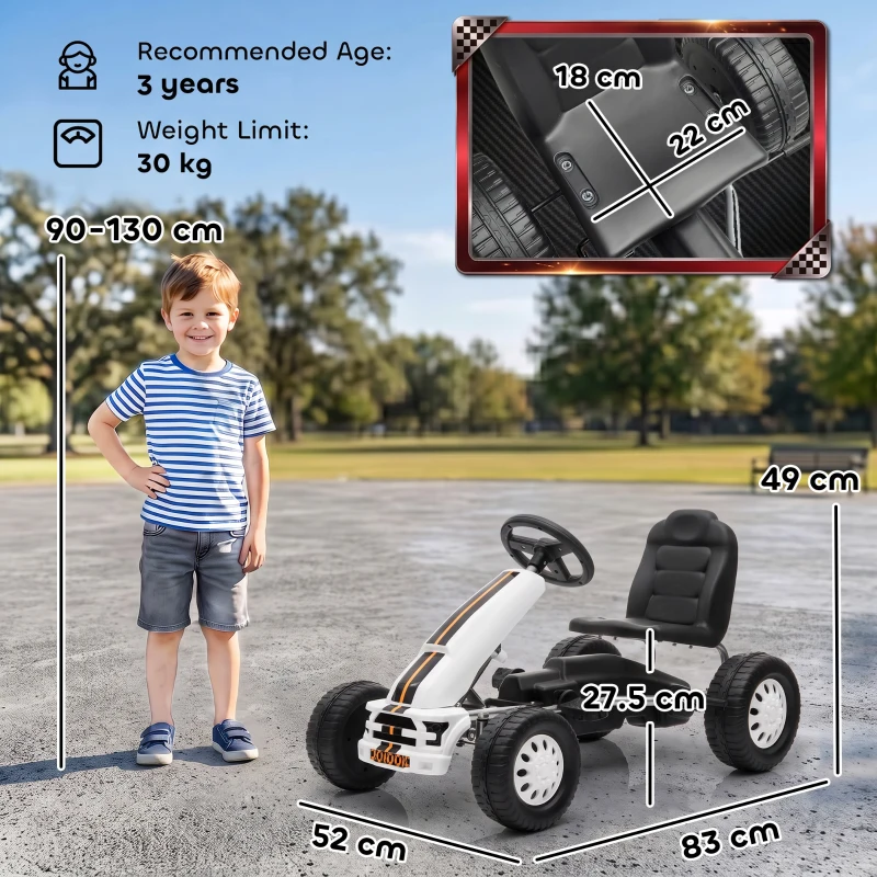 AIYAPLAY Go-kart pentru copii +3 ani cu scaun reglabil volan frână de mână cadru din aluminiu și oțel capacitate 30 kg alb