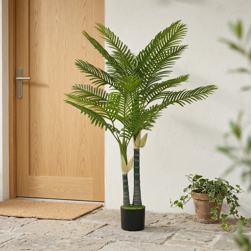 HOMCOM Artificial Palm Tree with 16 PEVA Leaves, 150cm Decorative Artificial Plant with Pot and Moss Effect, Green