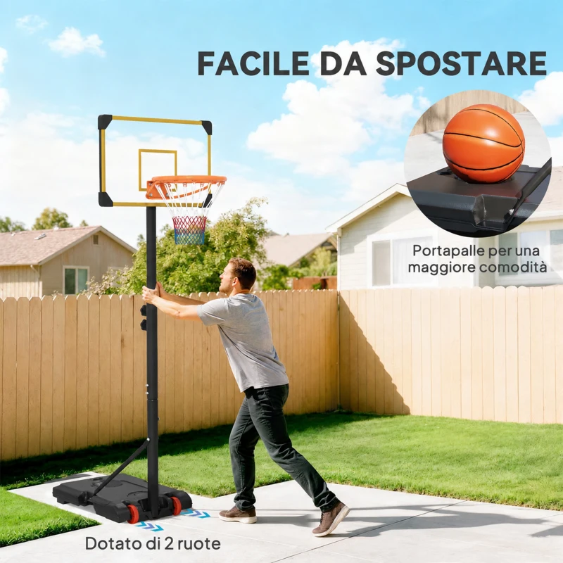 SPORTNOW Canestro Basket per Adulti, Altezza Regolabile 2.1-2.4 m, Ruote e Base Riempibile, Giallo