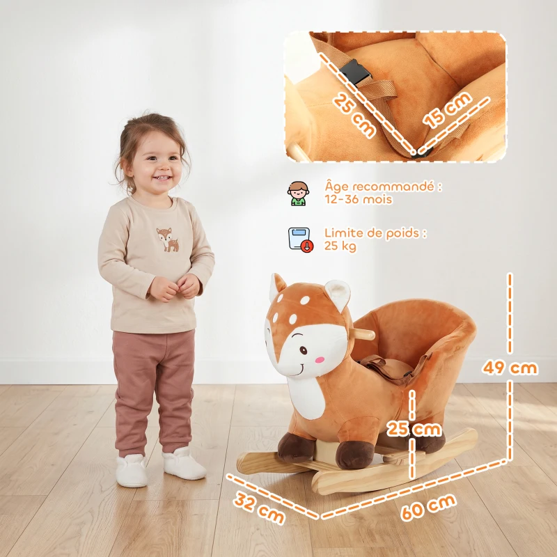 AIYAPLAY Cheval à bascule cerf en peluche avec sons d'animaux, ceinture de sécurité et butées anti-basculement, marron