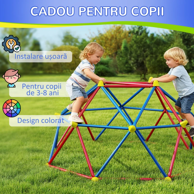 Outsunny Cupolă de cățărare pentru copii 3-8 ani, structură metalică pentru 4 copii, Ø183x90cm, multicolor