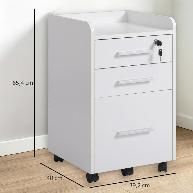 HOMCOM Caisson de bureau rangement bureau sur roulettes 3 tiroirs 1 verrouillable 1 trieur dossiers en bois blanc