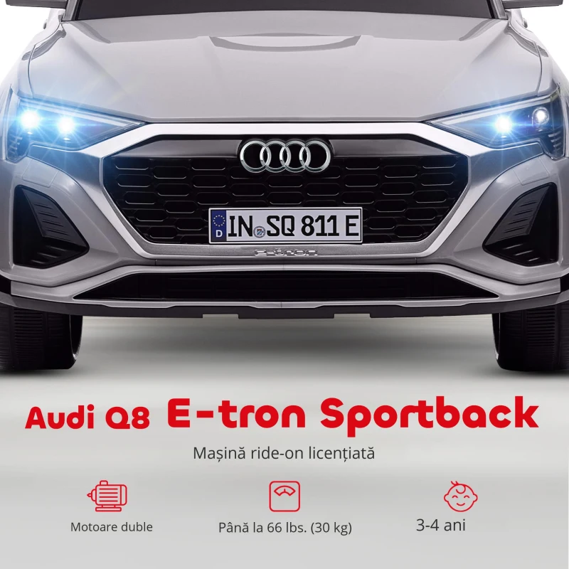AIYAPLAY Mașină electrică pentru copii sub licență Audi Q8 e-tron Sportback 12V, telecomandă, faruri, muzică, claxon, 3-4 ani, Gri