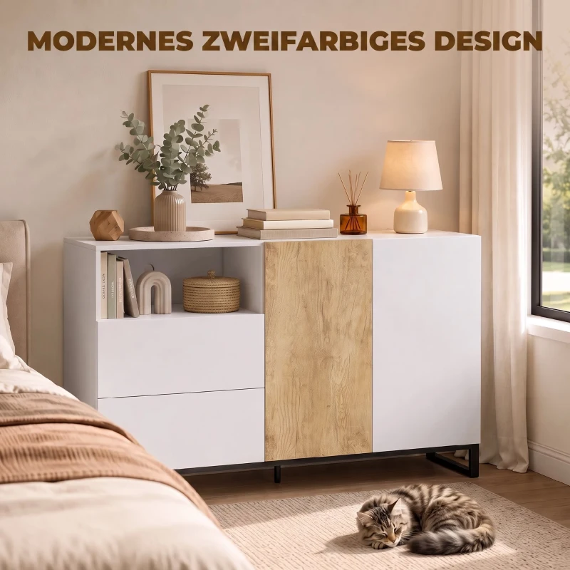 HOMCOM Komoda nowoczesna szafka do przechowywania z 2 drzwiami Soft-Close i 2 szufladami 140x40x85 cm, biały