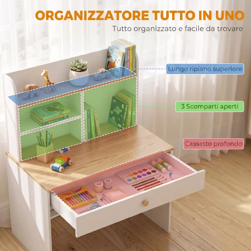 AIYAPLAY Scrivania per Bambini con Ripiani, Cassetto, Tavolo per Bambini 3-8 Anni, in Legno per Cameretta, Bianco