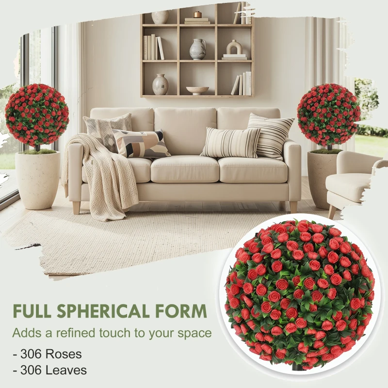HOMCOM Artificial Rose Topiary UV Resistant, 2-Pack Fake Plants, 55 cm, Red