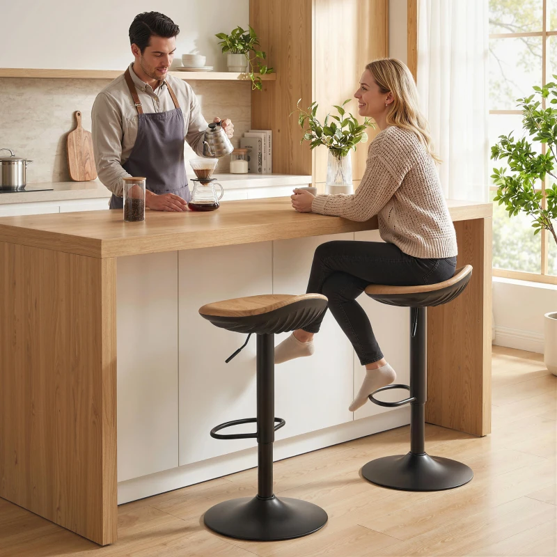 HOMCOM Lot de 2 tabourets de bar, chaises de bar réglables en hauteur avec repose-pieds, pivotant 360°, base en acier, chêne