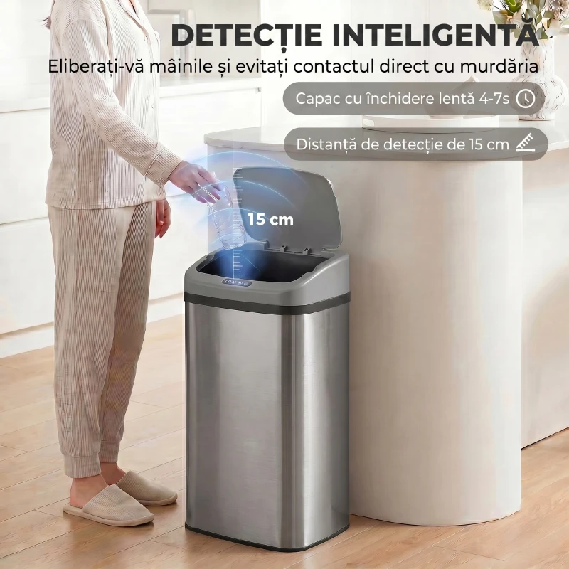HOMCOM Coș de gunoi cu senzor 48L, închidere lentă, suprafață antiamprentă, din inox, argintiu