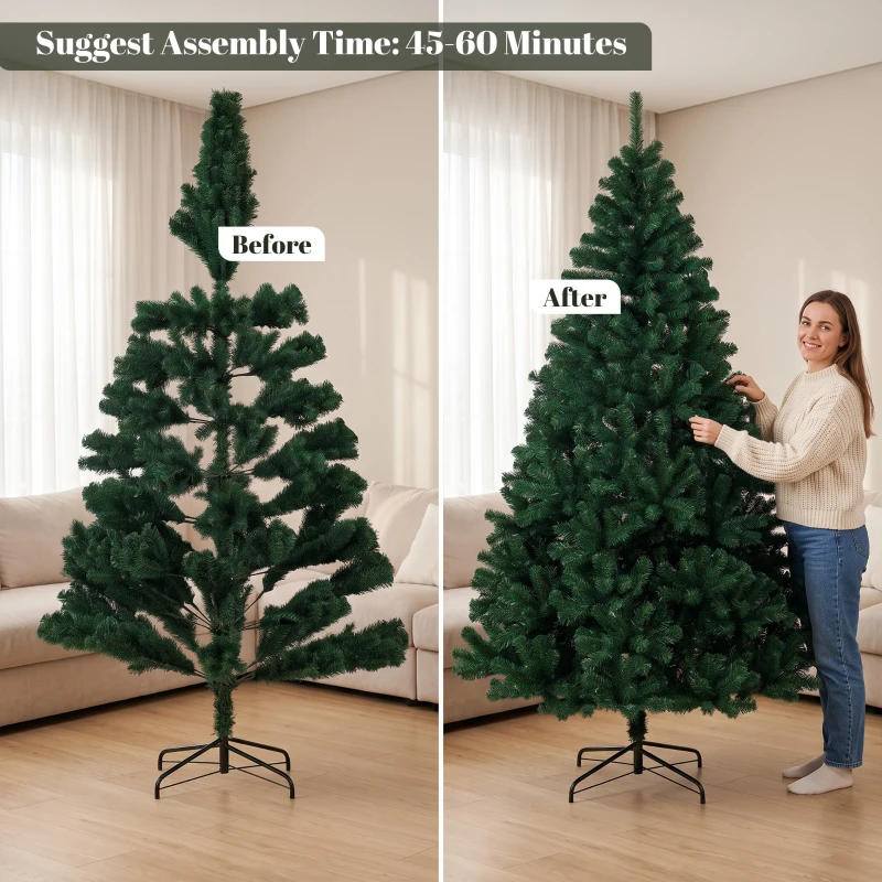 HOMCOM 7ft Artificial Christmas Tree, Fir Hinged Xmas Tree with 1100 Branch Tips, Foldable Steel Stand, Green
