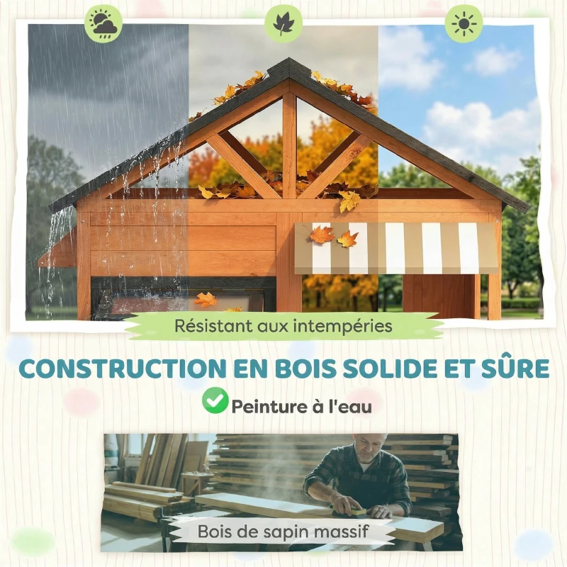 AIYAPLAY Cabane enfant extérieur en bois, maison enfant extérieur/intérieur avec cuisine de jeu, fenêtres, porte et banc, marron