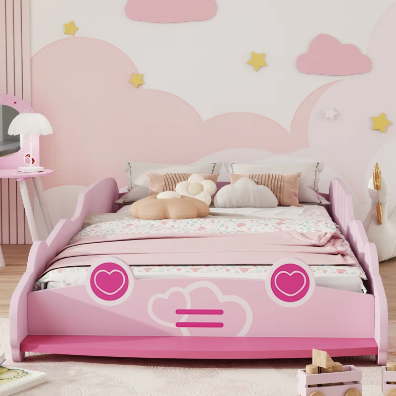 AIYAPLAY Cama Infantil 70x140 cm em Forma de Carro com Barreira de Proteção e Estrado para Crianças de 3-5 Anos Rosa