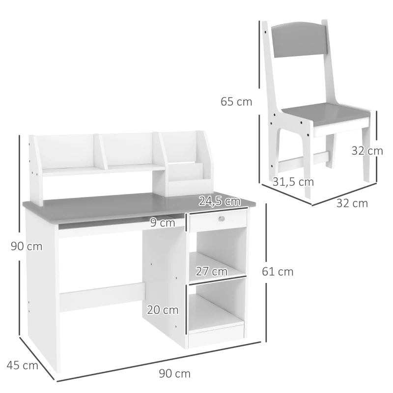 ZONEKIZ Bureau enfant avec chaise ergonomique avec clavier coulissant tiroir niches et étagères ouvertes 90 x 45 x 90 cm gris