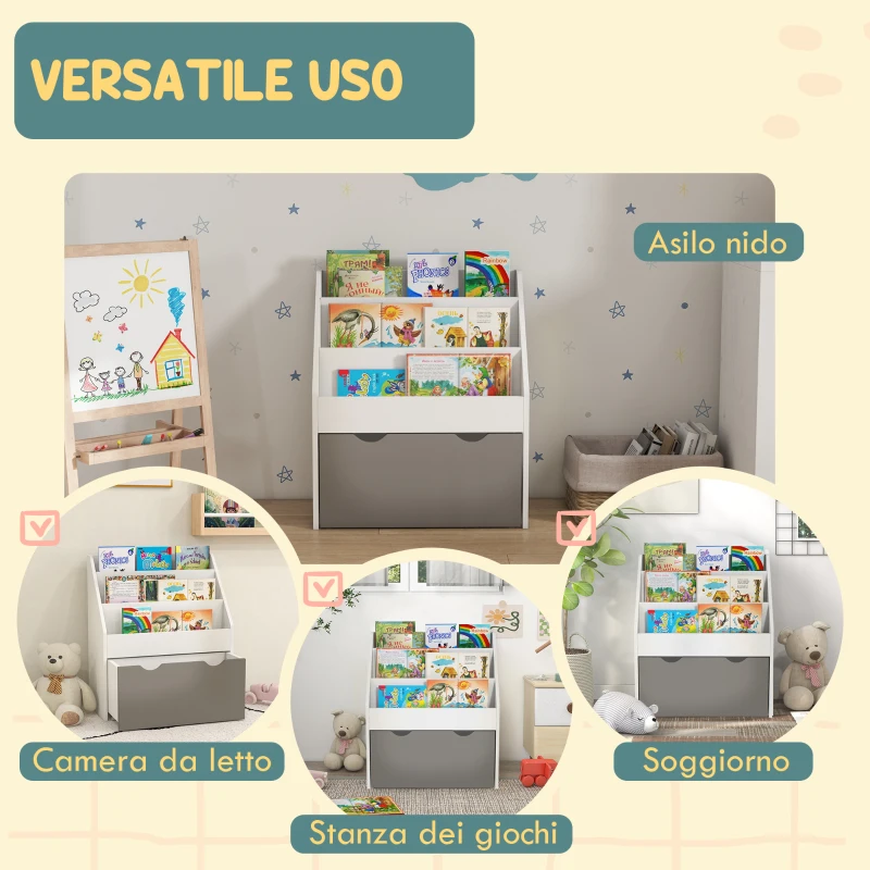 AIYAPLAY Libreria per Bambini 3-8 Anni a 3 Ripiani con Cassetto Inferiore, in MDF, 62.5x30x70 cm, Grigio