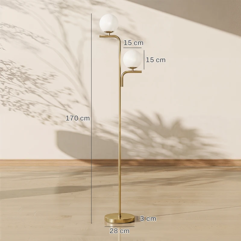HOMCOM LED Floor Lamp, Modern Standing Lamp with 3 Colour Temperatures, Globe Glass Shades and Foot Switch, Gold Tone