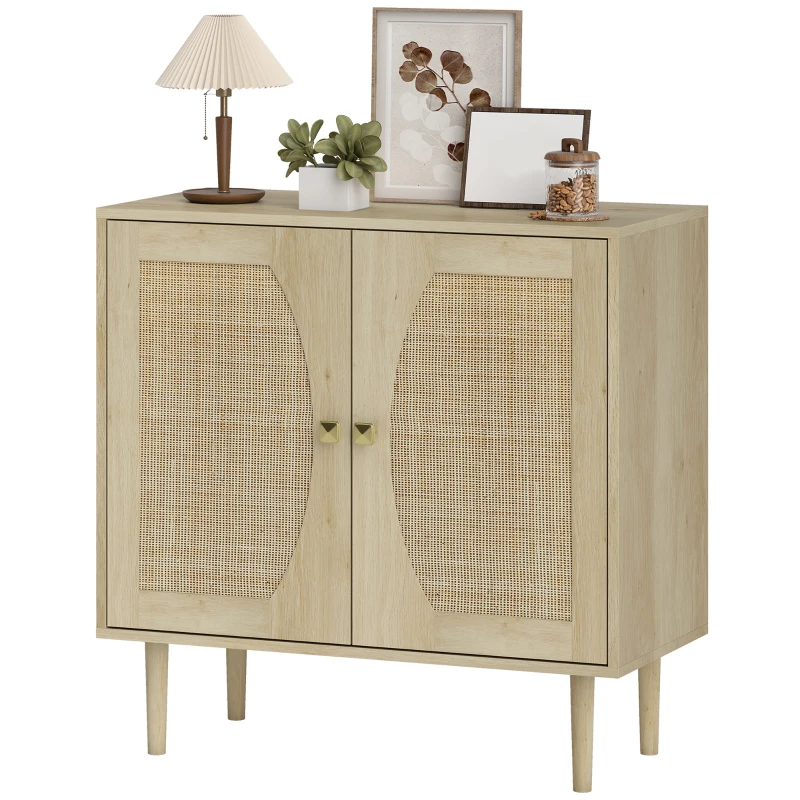 HOMCOM Buffet de cuisine meuble de rangement double portes avec 2 niveaux, façade en cannage 80 x 38 x 79 cm effet bois naturel
