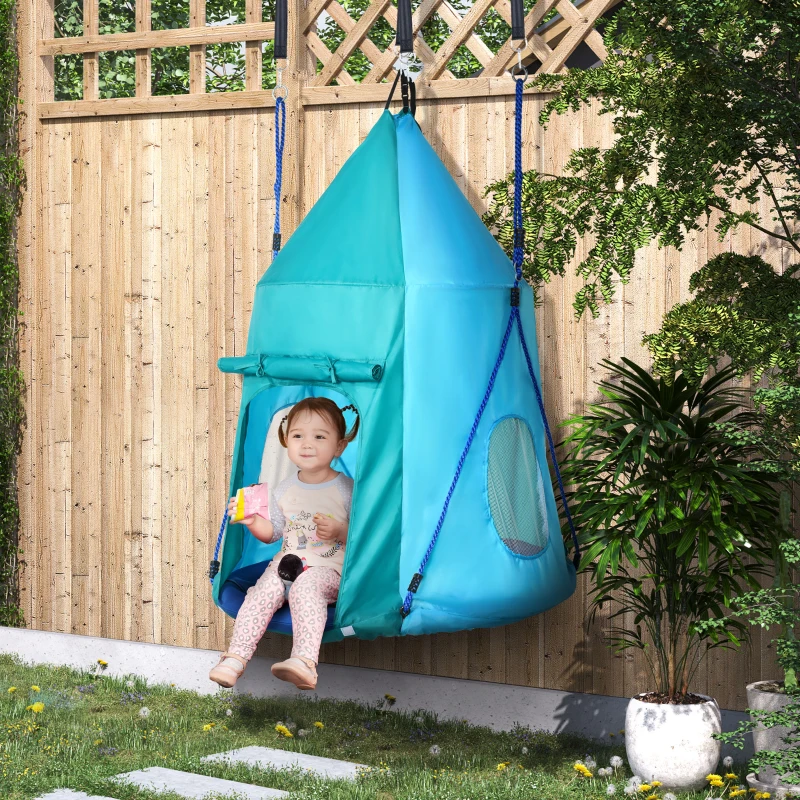 Outsunny Altalena da Giardino con Tenda per Bambini da 3-8 Anni, Ø100cm e Corde Regolabili, Blu
