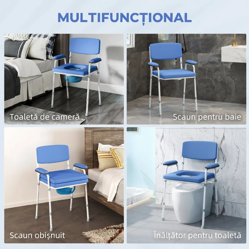 HOMCOM Scaun WC 5 în 1 pentru Vârstnici și Persoane cu Dizabilități, pentru Toaletă și Duș, Reglabil pe Înălțime, cu Recipient Detașabil, Albastru deschis