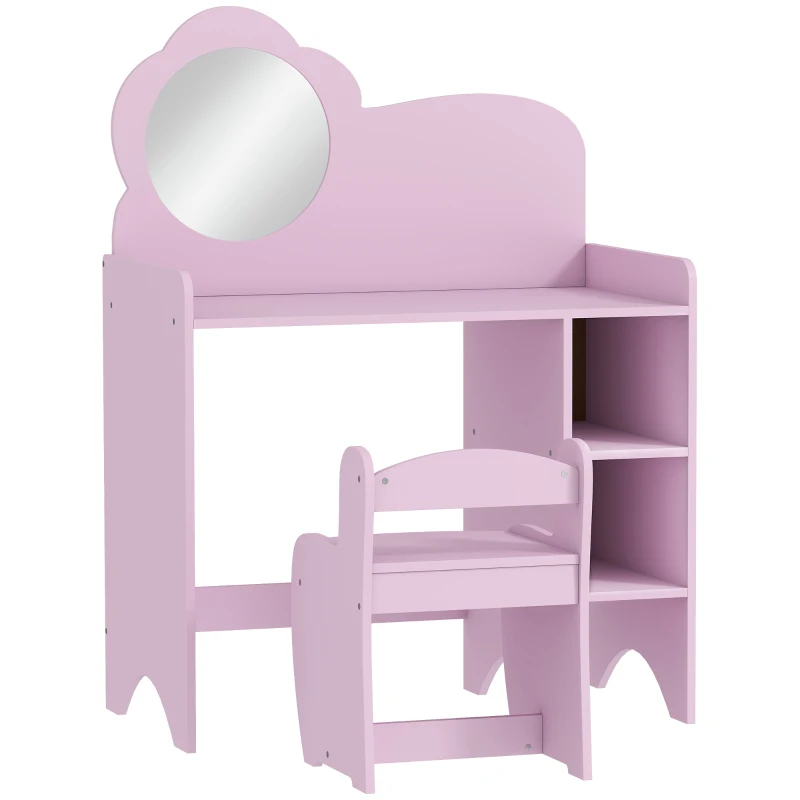 AIYAPLAY Tocador Infantil con Taburete y Espejo en Forma de Flor con Estantes Abiertos para Niños y Niñas de 3-8 Años Morado
