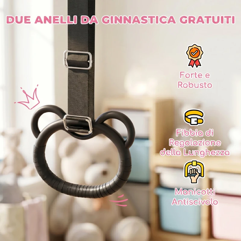 HOMCOM Sbarra Ginnastica Artistica per Bambini ad Altezza Regolabile con 2 Anelli, in Acciaio, 148x105x88-128 cm, Rosa