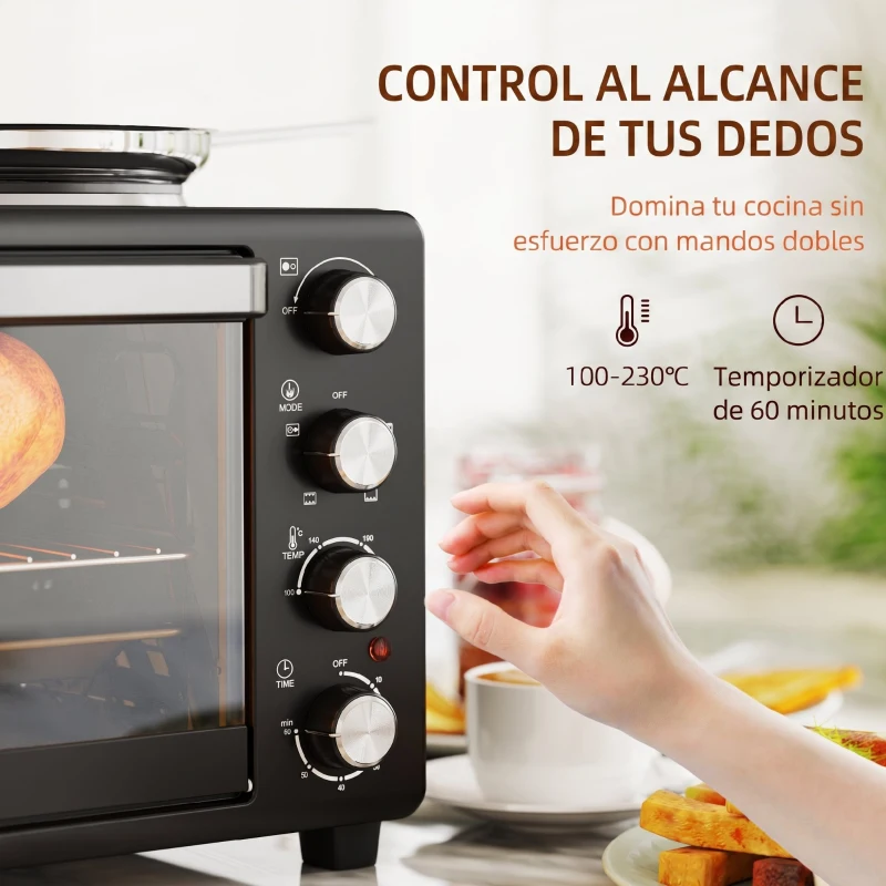 HOMCOM Horno Eléctrico de Sobremesa 28L 2600W con Placas Calentadoras Temperatura Ajustable Temporizador Bandeja Negro