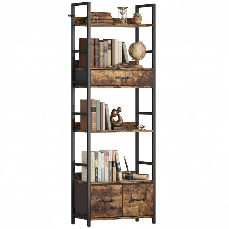 HOMCOM Bibliothèque étagère de rangement à 6 niveaux avec 4 étagères, 3 tiroirs en tissu, 60x30x176cm, brun rustique