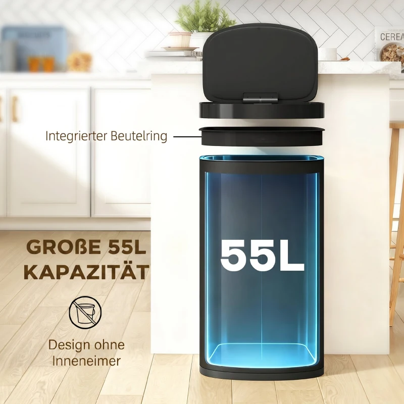 HOMCOM Sensor Mülleimer 55L Abfalleimer mit Soft-Close-Deckel aus Edelstahl, für Küche Fitnessstudio Büro, Schwarz