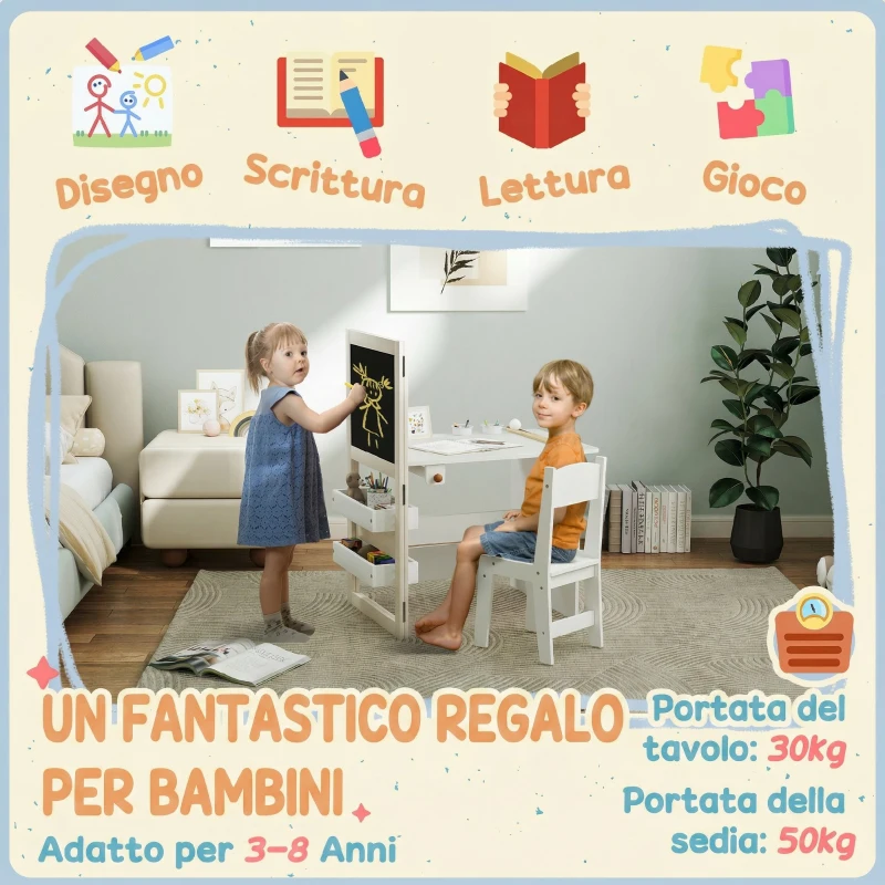 AIYAPLAY Set Tavolo e Sedia per Bambini 3-8 Anni con Lavagna Nera, Lavagna Bianca, Contenitori e Rotolo di Carta, Bianco