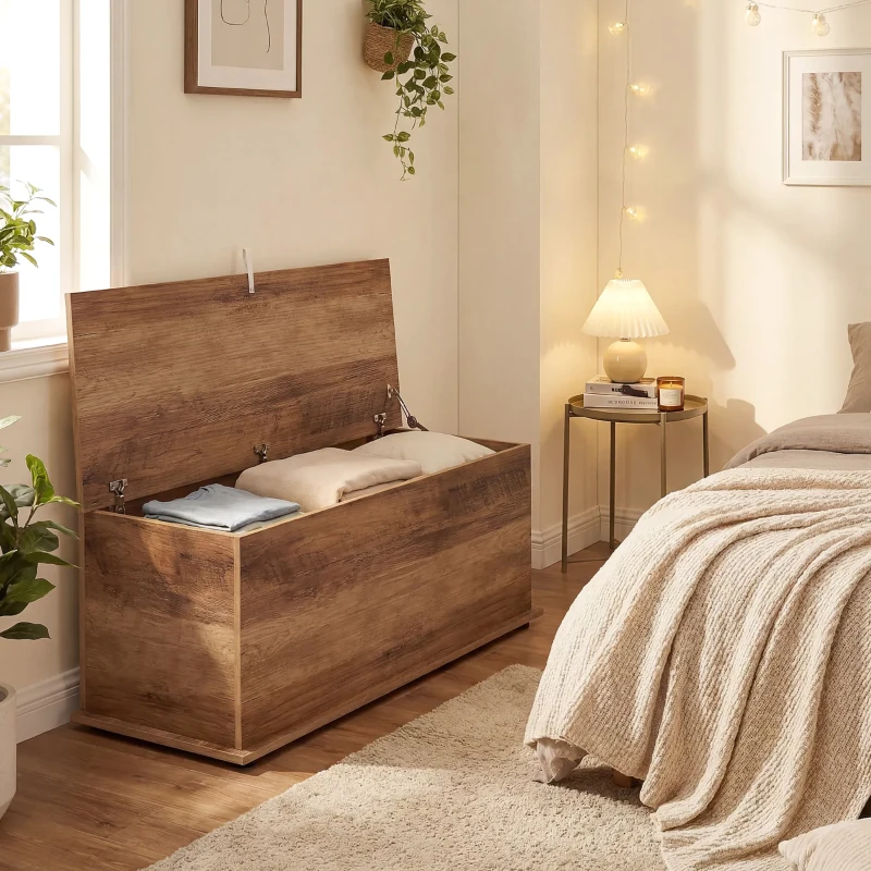 HOMCOM Coffre de rangement, banc de rangement avec couvercle rabattable et charnières de sécurité, 100 x 40 x 40 cm, marron