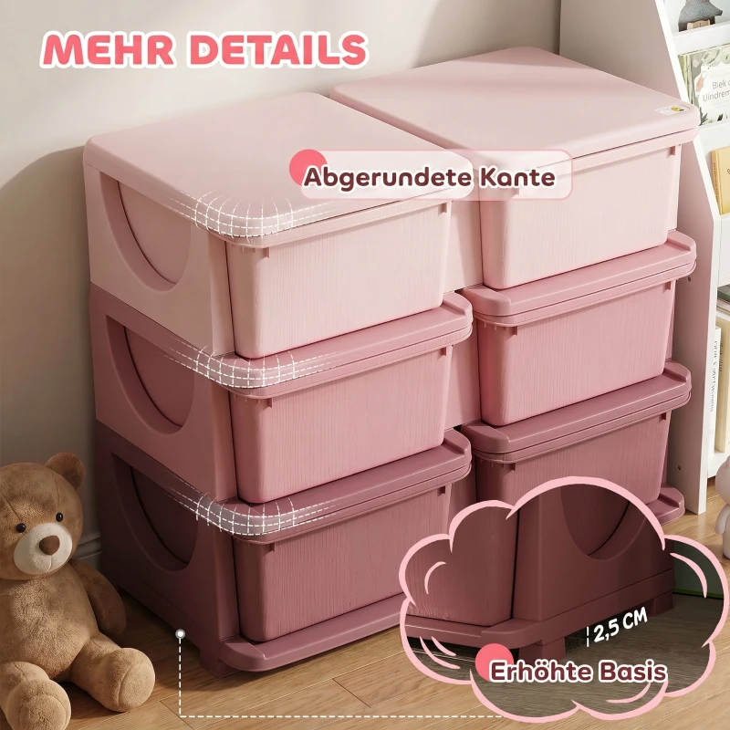 HOMCOM Organisateur de jouets pour enfants à 3 niveaux avec 6 tiroirs, boîtes de rangement en plastique, 75x37x56,5cm, rose