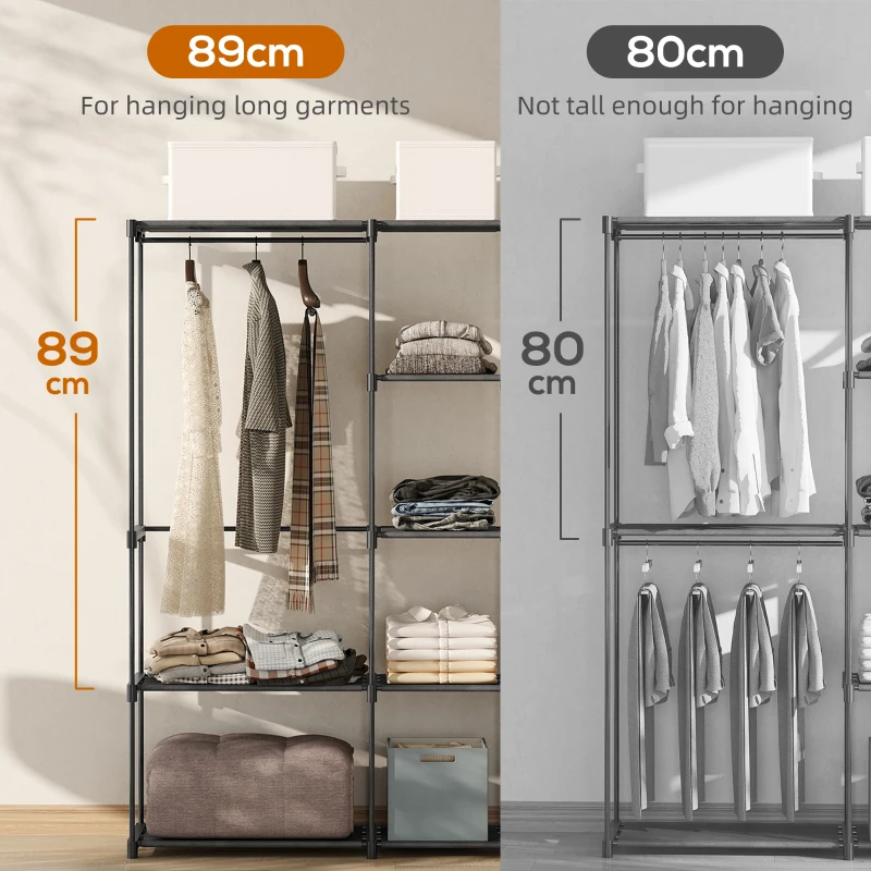 HOMCOM Portable Wardrobe, Open Clothes Wardrobe with 8 Shelves, 3 Hanging Rails, Black