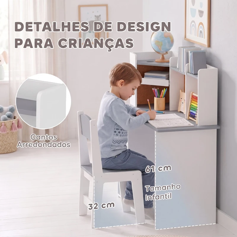 AIYAPLAY Secretária Infantil com Cadeira Suporte Ajustável para Comprimido Porta-lápis Quadro de Cortiça Estantes e Armários Cinza