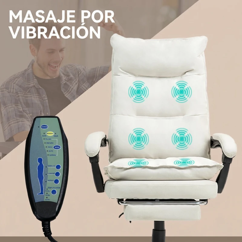 Vinsetto Silla de Escritorio con Masaje Altura Ajustable Respaldo Reclinable Reposapiés Giratoria 360° Crema
