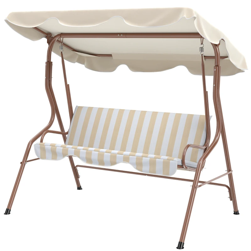 Outsunny Balancelle de Jardin 3 Places Toit imperméabilisé Inclinaison réglable Coussins Assise Dossier marron, crème rayé