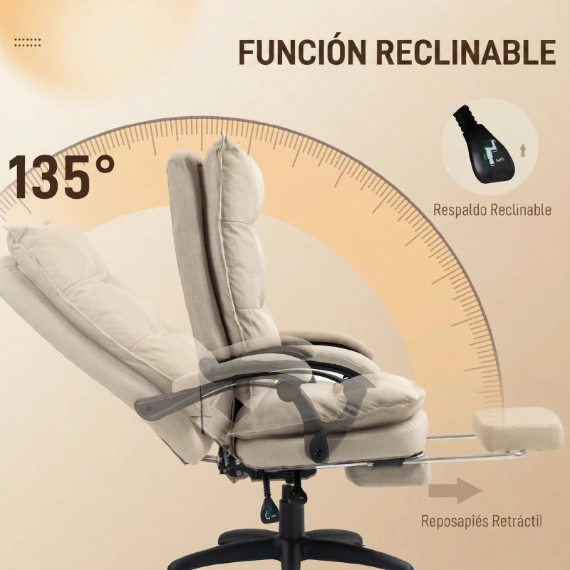 Vinsetto Silla de Escritorio con Masaje Altura Ajustable Respaldo Reclinable Reposapiés Giratoria 360°, Beige