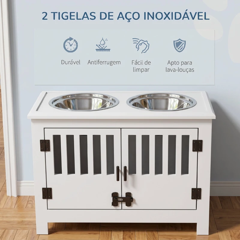 PawHut Comedouro Elevado para Cães com 2 Tigelas em Aço Inoxidável 2x2 L, Arrumação 37 L e 2 Portas com Trincos, Branco