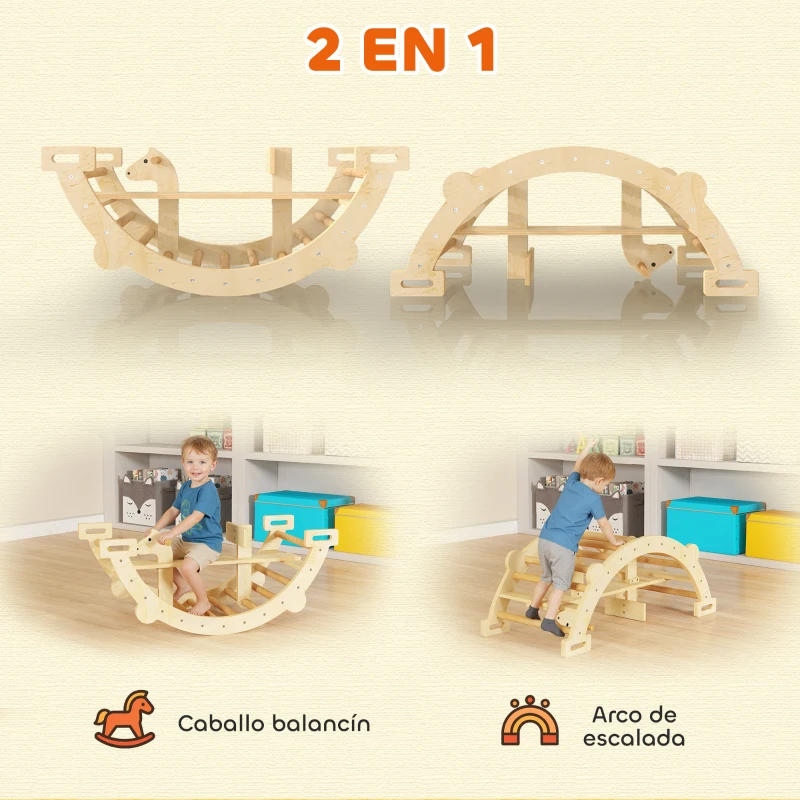 AIYAPLAY 2 en 1 Arco de Escalada de Madera y Caballito Balancín Estructura de Escalada Montessori para Niños de 2-4 Años Natural